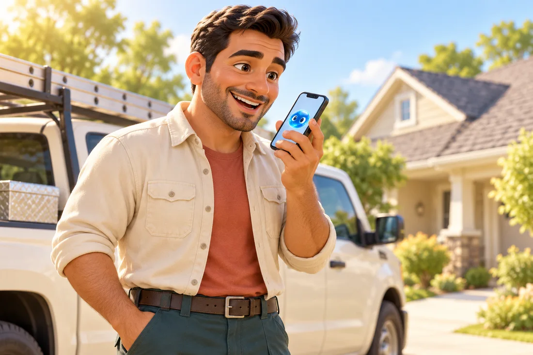 A roofing business owner speaking into his phone, with Alfred on the screen.